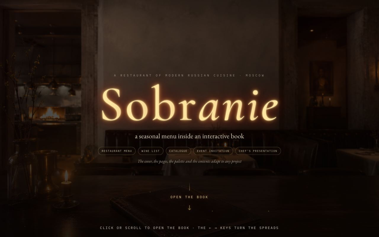 Sobranie Restaurant — Menu as an interactive book, built in code